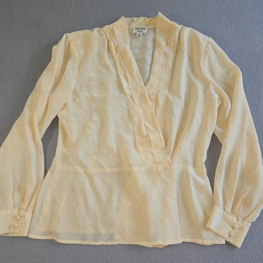 Kasper A.S.L. Silk Wrap Blouse Womens 10 Cream Vintage Long Sleeve V-Neck Peplum